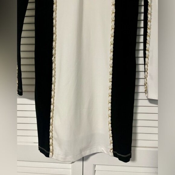 NWOT bebe Black and White Long-Sleeved Knee-Length Dress with Gold Chain Accent - Picture 3 of 8